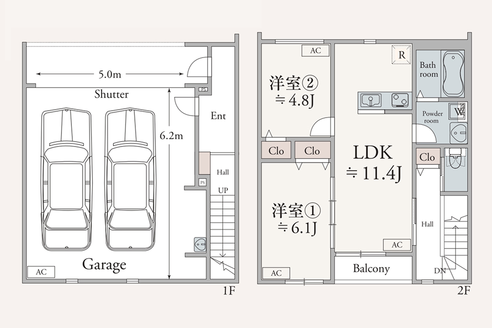 1階には並列駐車可能なガレージハウス、2階に2LDKのメゾネットタイプ
 loading=