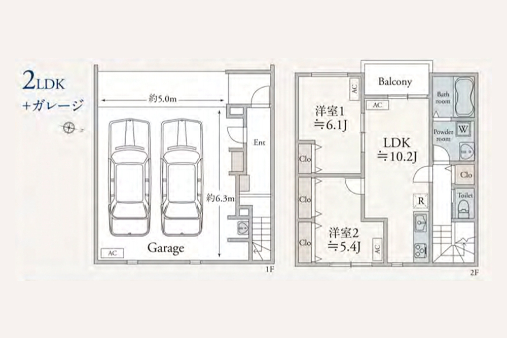 2台並列駐車可能なガレージスペース＋2LDKのメゾネットタイプ loading=