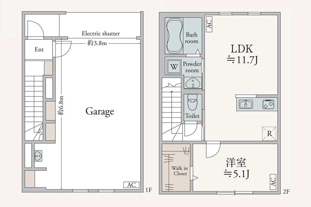 独立した洋室のある1LDK+1階ガレージスペースのメゾネットタイプ
 loading=
